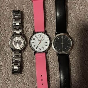 Set of Three Stylish Watches - Silver, Pink, and Black